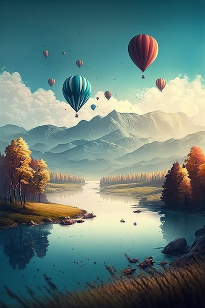 Una pintura de un lago con globos flotando sobre él.