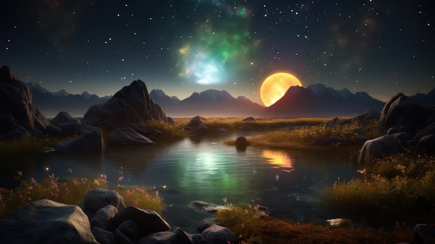 Una pintura de un lago con una luna y estrellas al fondo.