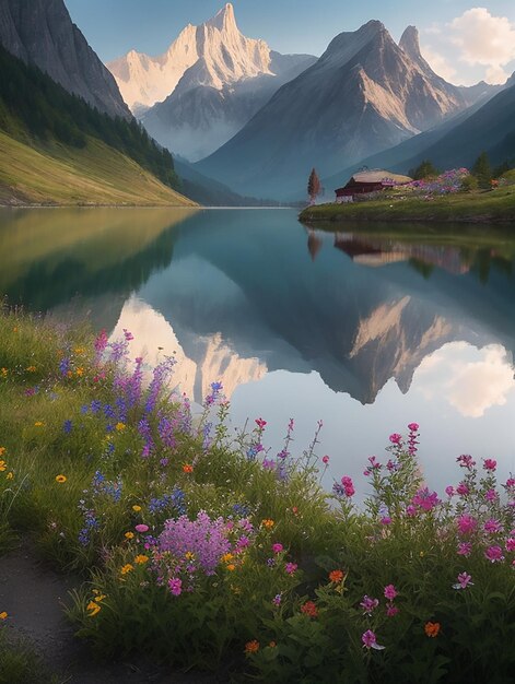 Una pintura de un lago con una montaña al fondo.