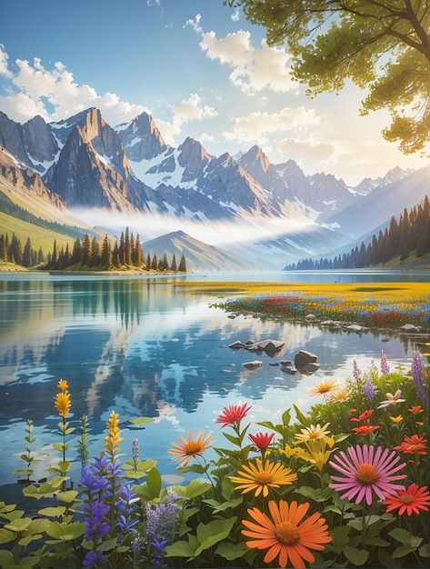 Una pintura de un lago con una montaña al fondo.