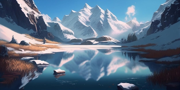 Pintura del lago de montaña congelado en un paisaje invernal con un lago glacial en primer plano ai generativo