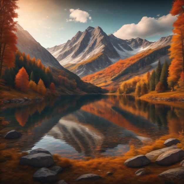 Una pintura de un lago de montaña con un lago y montañas en el fondo.