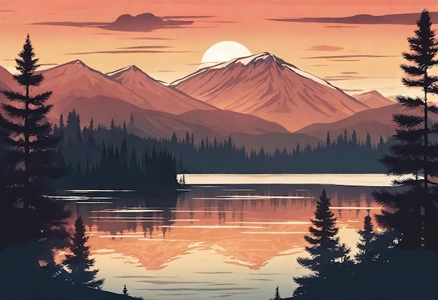 una pintura de un lago de montaña con una luna llena que se levanta sobre él