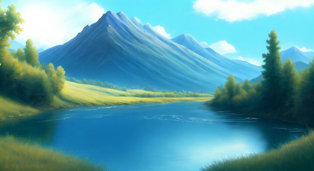 Foto una pintura de un lago de montaña con una montaña al fondo.