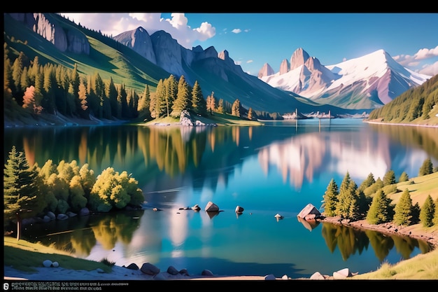 Una pintura de un lago de montaña con una montaña al fondo.