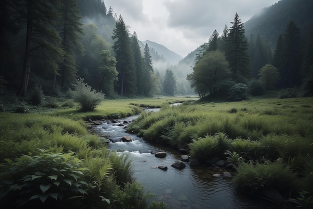 Una pintura de un lago de montaña con una montaña en el fondo