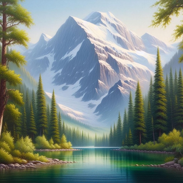 Una pintura de un lago de montaña con una montaña en el fondo