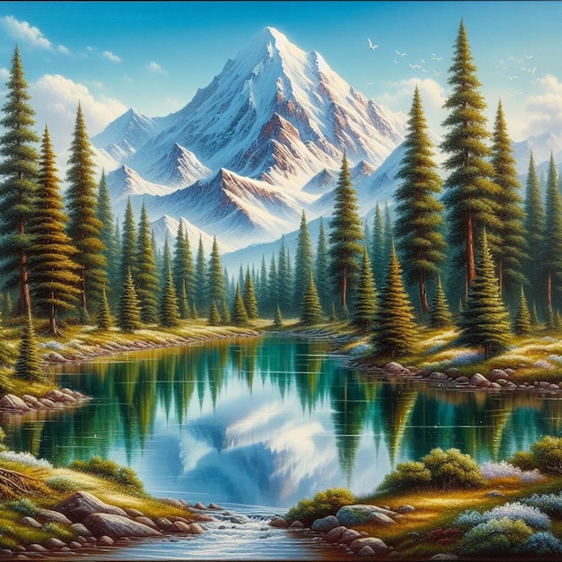 Una pintura de un lago de montaña con una montaña en el fondo