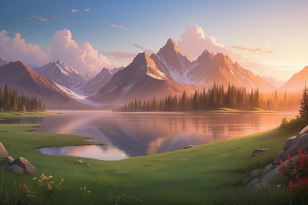 Una pintura de un lago de montaña con una montaña en el fondo