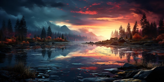 pintura de un lago de montaña con una puesta de sol en el fondo generativo ai