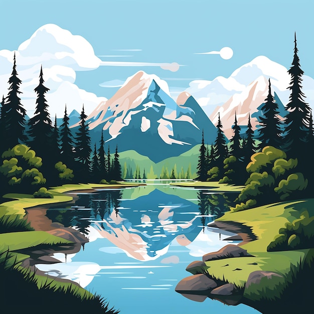 una pintura de un lago de montaña con un reflejo en él