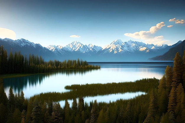 Una pintura de un lago con montañas al fondo.