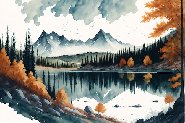 Una pintura de un lago con montañas al fondo.