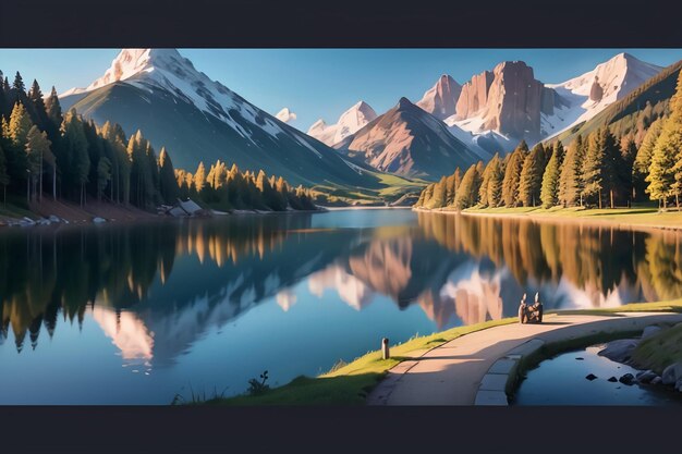 Una pintura de un lago con montañas al fondo.