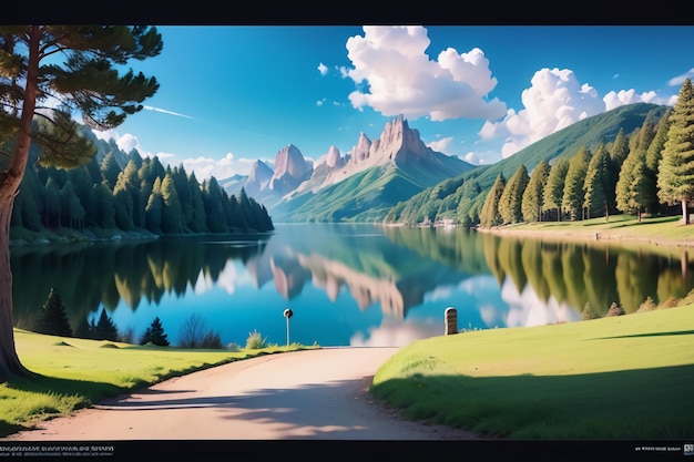 Una pintura de un lago con montañas al fondo.