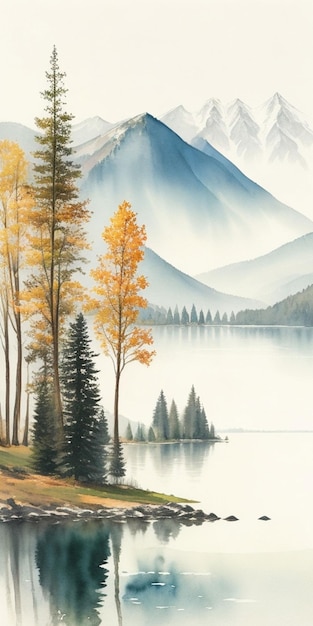 Una pintura de un lago con montañas y árboles al fondo.