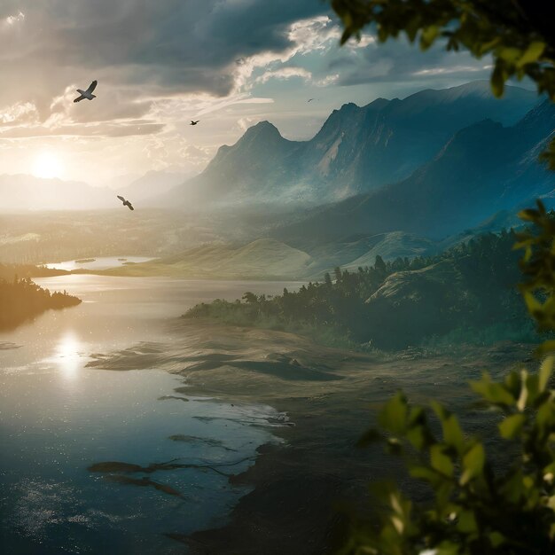 Foto una pintura de un lago con pájaros volando sobre él