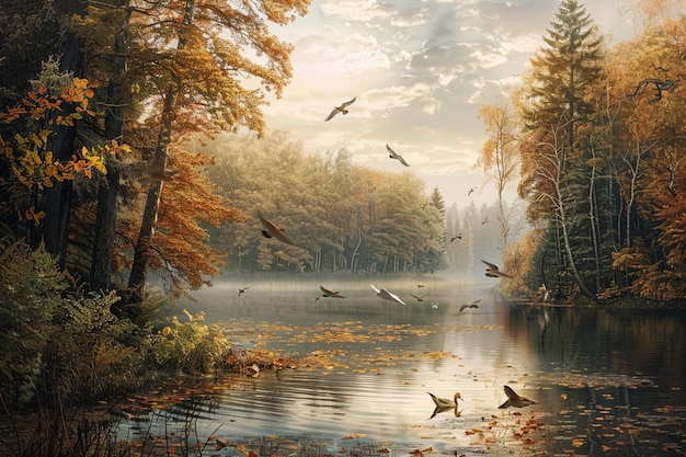 una pintura de un lago con pájaros volando a su alrededor