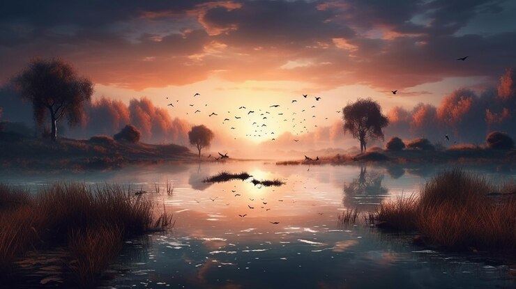 Una pintura de un lago con patos flotando en el agua y el sol se está poniendo ai generativo