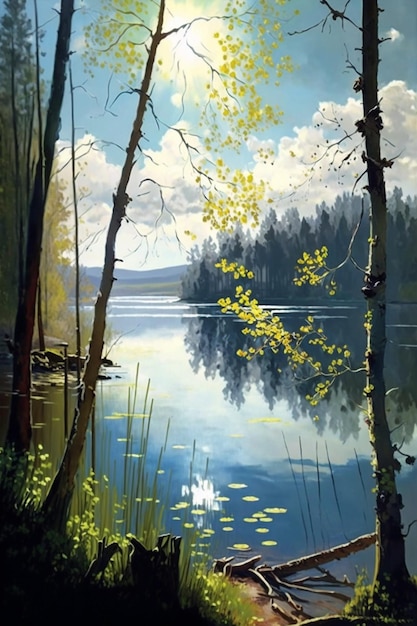 Una pintura de un lago con una rama de árbol y hojas.