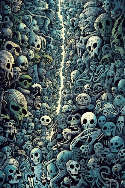 Una pintura de un largo túnel con muchos cráneos y calaveras.