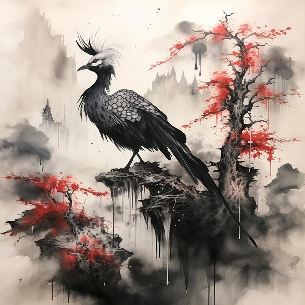 Pintura de lavado de tinta dibujada a mano de un árbol japonés