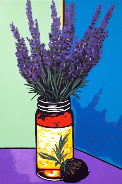 Una pintura de lavanda en un frasco con un fondo morado.