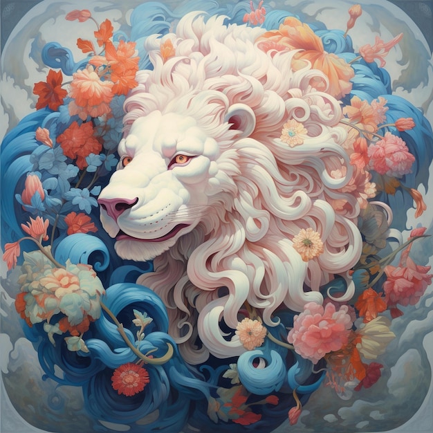 Una pintura de un león blanco con un fondo azul y flores.