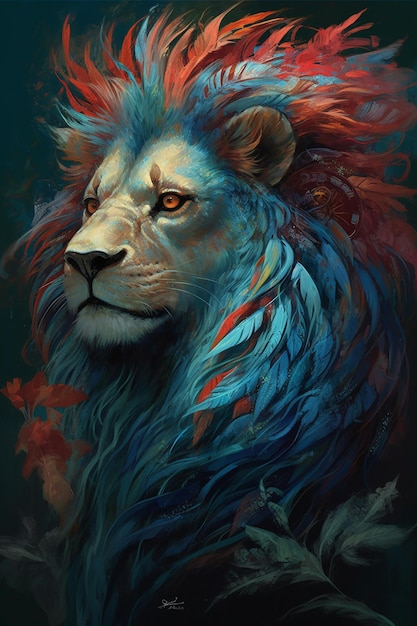 Una pintura de un león con cabello azul y rojo y una melena azul.