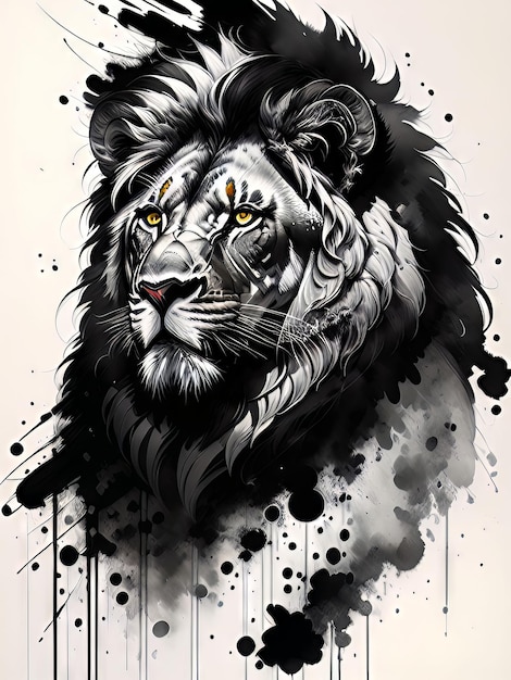 Una pintura de un león con una cara en blanco y negro.