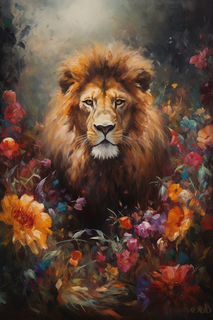 Una pintura de un león con flores.