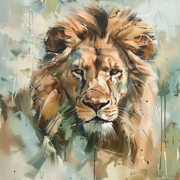 una pintura de un león con un león en él