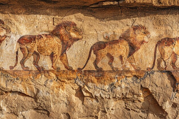 una pintura de un león y un león en una roca