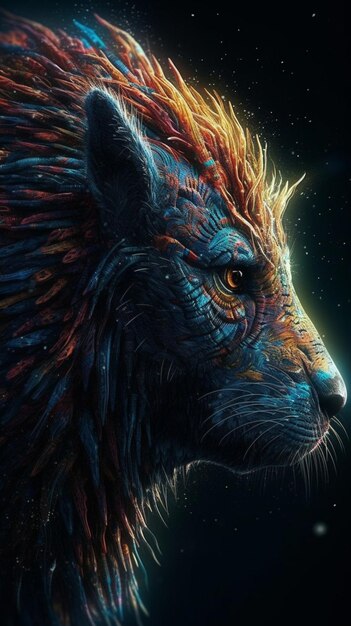 Una pintura de un león con una melena azul y naranja.