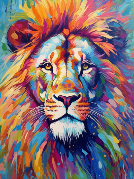 pintura de un león con una melena colorida sobre un fondo azul ai generativo