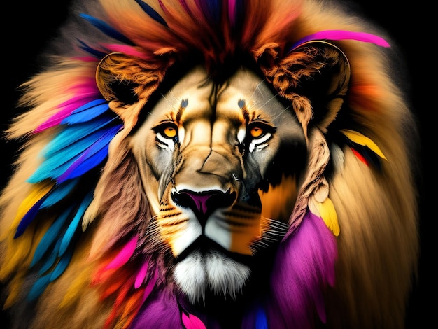 Una pintura de un león con una melena colorida