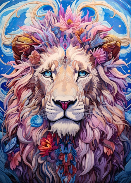 una pintura de un león con ojos azules y melena rosa