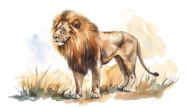 pintura de un león de pie en la hierba con un fondo de cielo