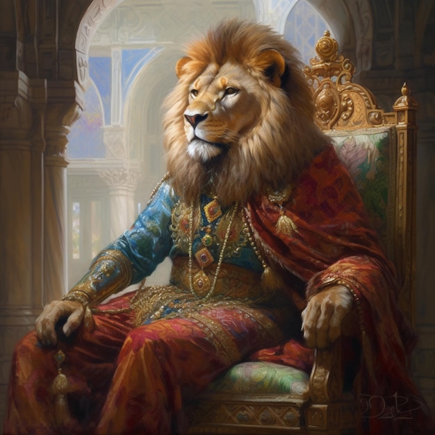 Pintura de un león sentado en una silla en una habitación generativa ai