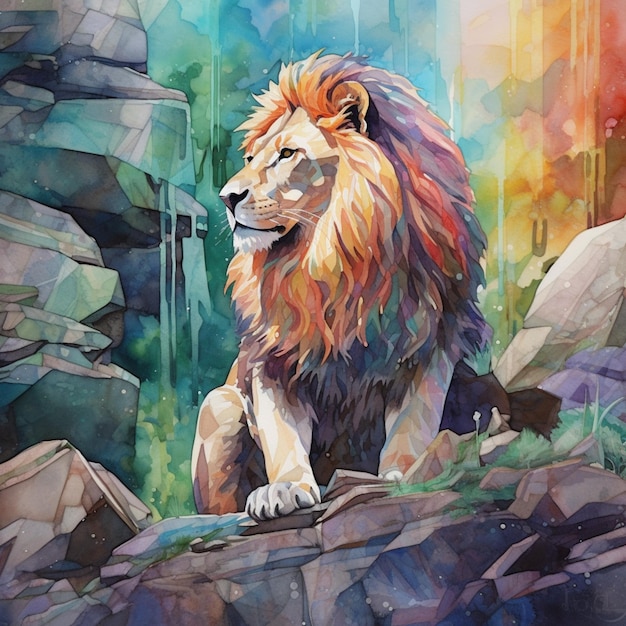 Una pintura de un león sentado sobre una roca.