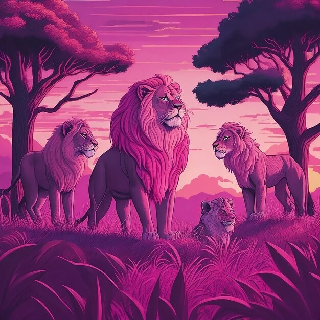 una pintura de leones en un bosque celebra el día mundial de los animales