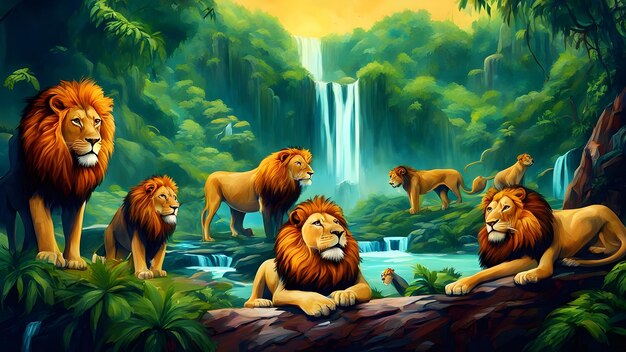 Foto una pintura de leones frente a una cascada