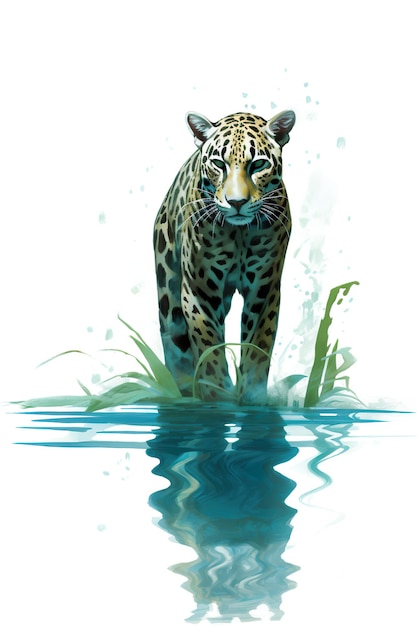 Una pintura de un leopardo caminando sobre un cuerpo de agua Imagen generativa de IA