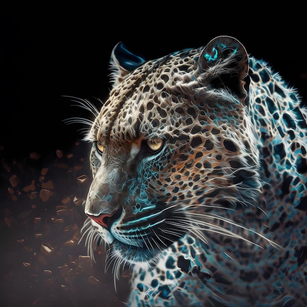 Una pintura de un leopardo con manchas azules.