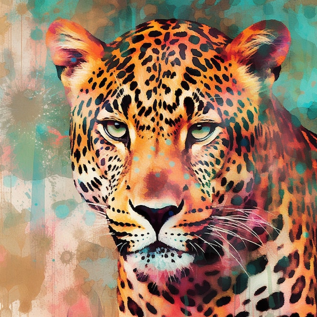 Pintura de un leopardo con un ojo azul y un fondo verde