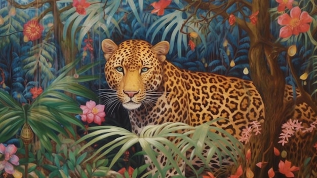 pintura de un leopardo en una selva con flores y árboles generativo ai