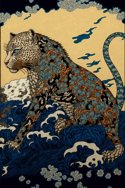 Pintura de un leopardo sentado encima de una onda generativa ai