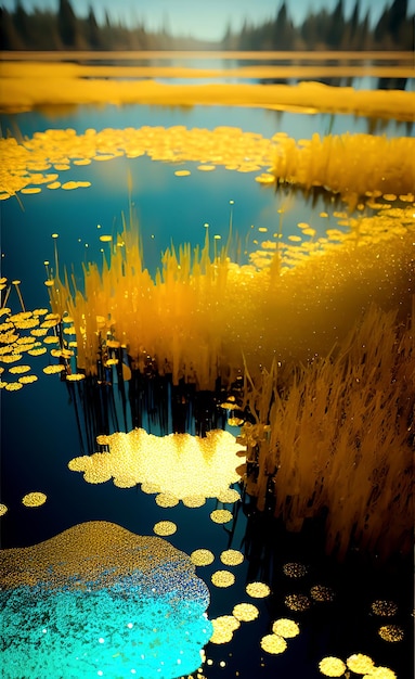 Una pintura de un líquido azul y amarillo con la palabra "oro".