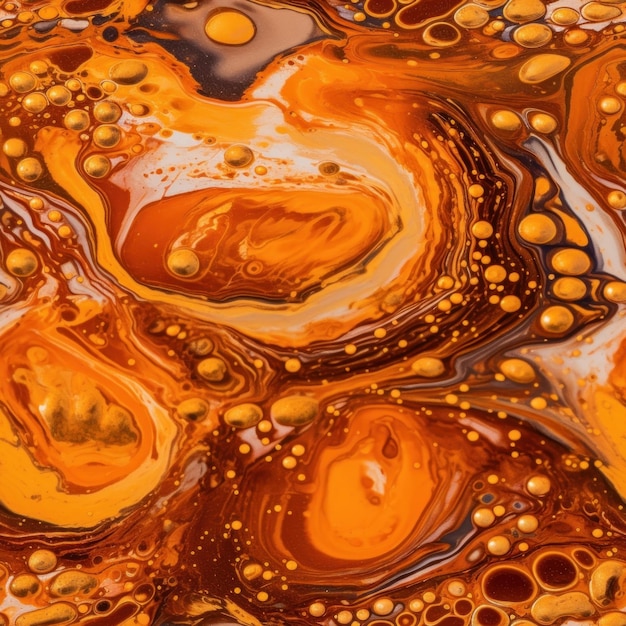 Una pintura de líquido con burbujas naranjas y amarillas y las palabras "burbujas" en la parte inferior.