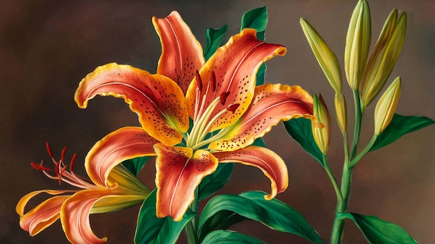 una pintura de un lirio con una flor amarilla en el medio